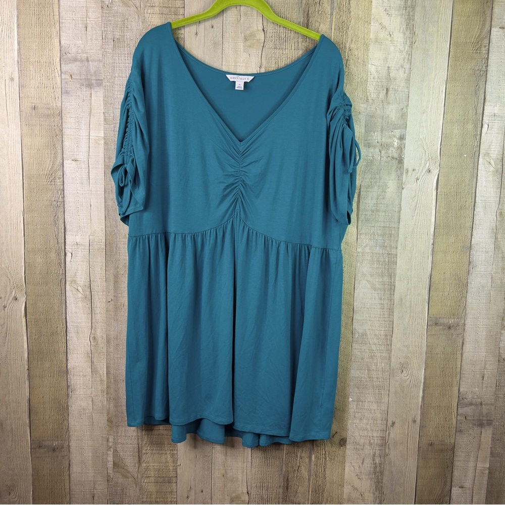 Boutique Size 3X Turquoise V-Neck Baby Doll Top Short Tie Sleeves